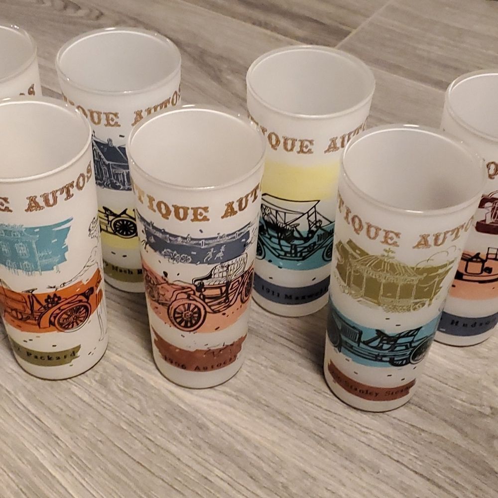 EUC MCM Anchor Vintage Set of 8 Antique Autos Frosted Glasses